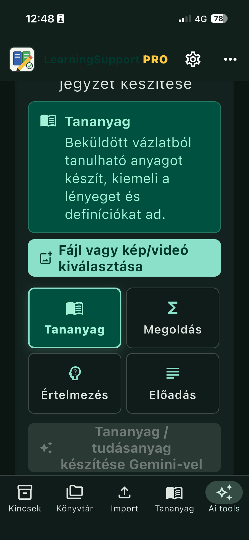 LearningSupport AI eszközök képernyő
